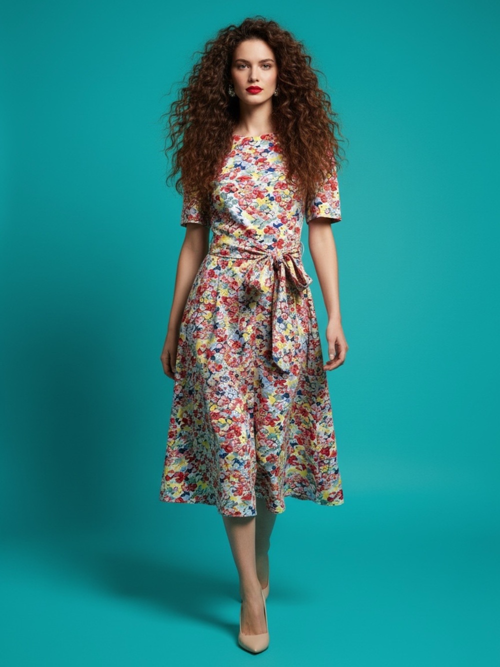 Vintage Floral Pullover Midi Dress with Tie Waist - Size 8